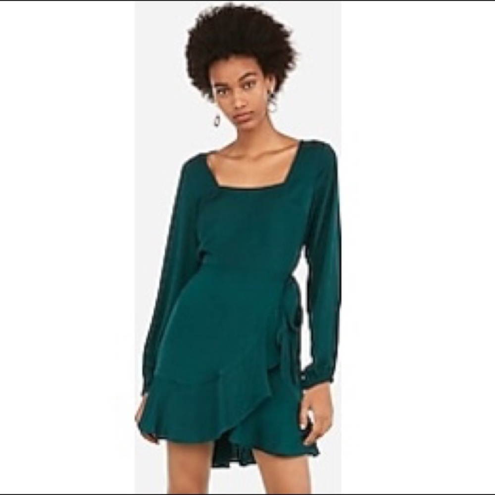 EXPRESS Square Neck Ruffle Long Sleeve Wrap Dress